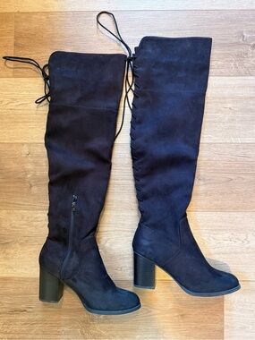 Soda Black Over-the-Knee Lace-Up Block Heel Boots